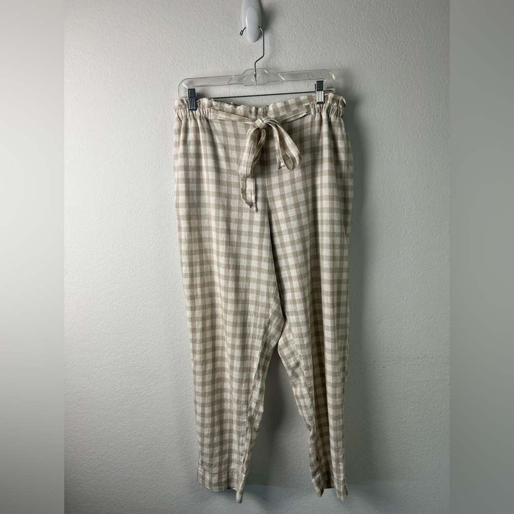 Beachlunchlounge Cotton Linen White & Beige Checked Elastic Waist Ankle Pants